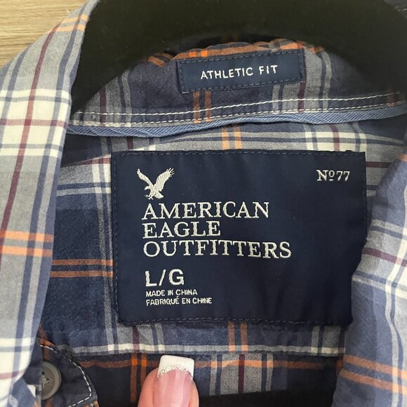 Men's Large American Eagle Blue Plaid Long Sleeve Button Down Shirt - Picture 2 of 6